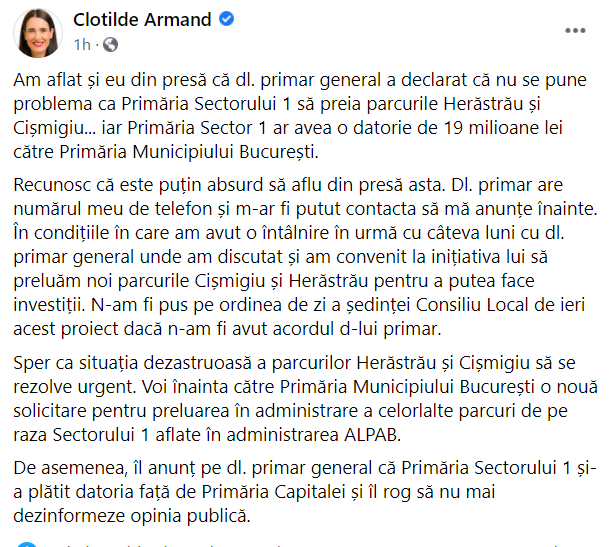 Reacția lui Clotilde Armand, sursa: Facebook