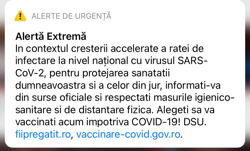 Mesaj RO Alert în Capitală din cauza creșterii cazurilor de Covid-19: Alegeți să vă vaccinați acum!