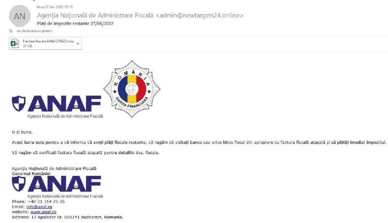 DNSC atenționează asupra emailurilor cu atașamente malițioase care folosesc identitatea vizuală a ANAF