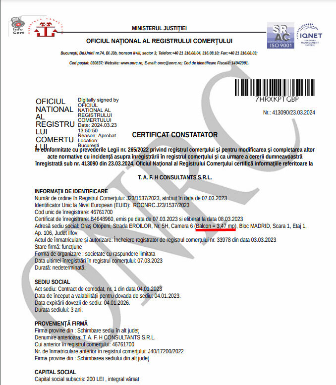 certificat ONRC TAFH 