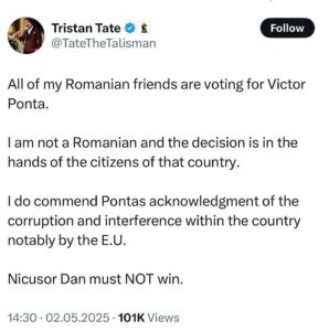 Mesajul postat de Tristan Tate pe X