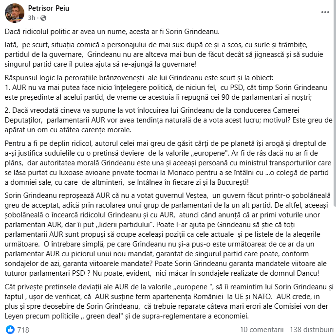 Petrișor Peiu, atac dur la Grindeanu: AUR nu mai face nicio înțelegere cu PSD cât timp e el lider