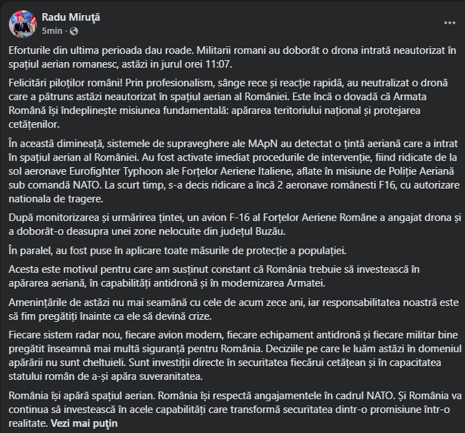 Radu Miruță, ministrul Apărării, a racționat după ce o dronă a fost doborâtă de Forțele Aeriene Române deasupra județului Buzău